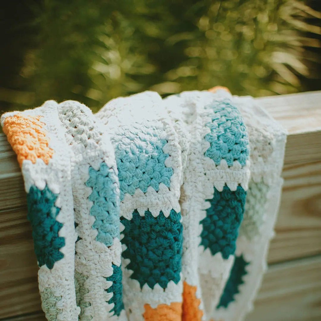 The Baby Blanket Store Crib Blanket 33.5" x 37.5" Blue Granny Square Crochet | Handmade Organic Cotton Baby Blanket