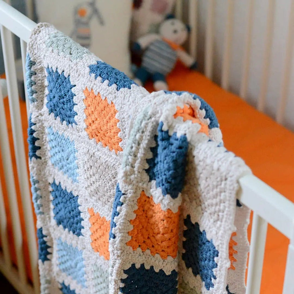 The Baby Blanket Store Crib Blanket 33.5" x 37.5" Blue Granny Square Crochet | Handmade Organic Cotton Baby Blanket