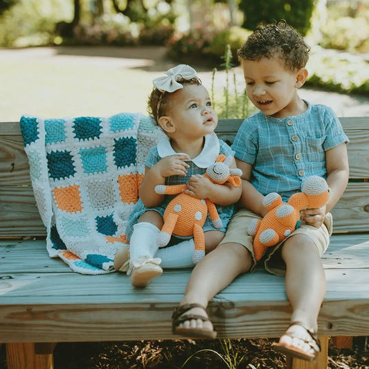The Baby Blanket Store Crib Blanket 33.5" x 37.5" Blue Granny Square Crochet | Handmade Organic Cotton Baby Blanket