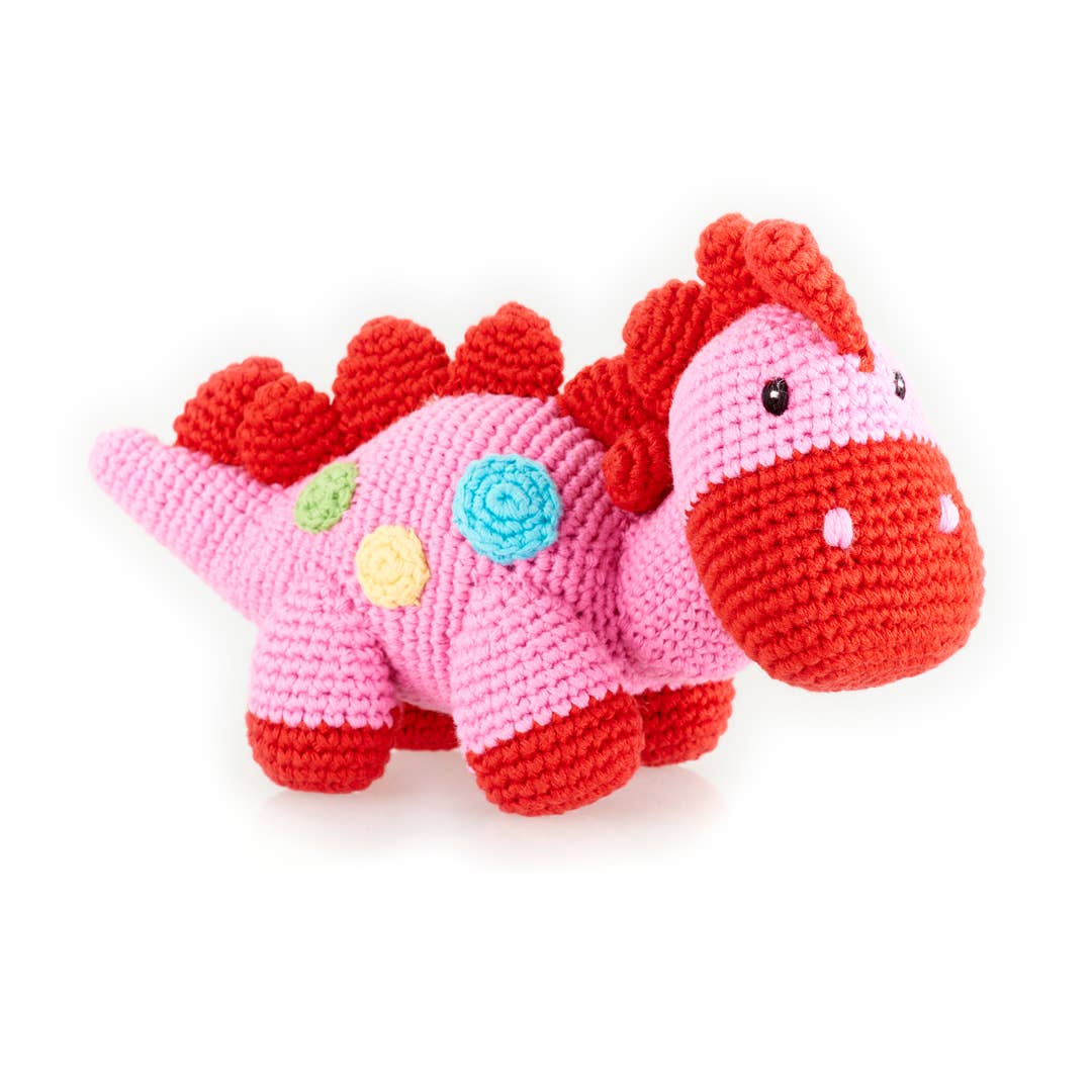 Pebble Handmade Stegosaurus Baby Rattle | Organic Cotton | Pink