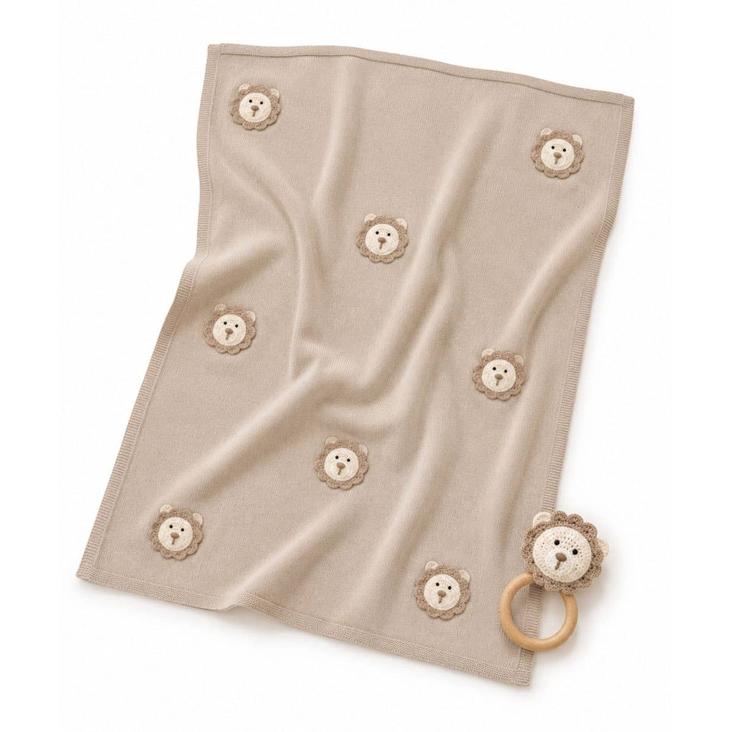Viverano Organics One Size / Cottonwood Lion Knit Baby Blanket & Lion Rattle Toy Gift Set (Organic)