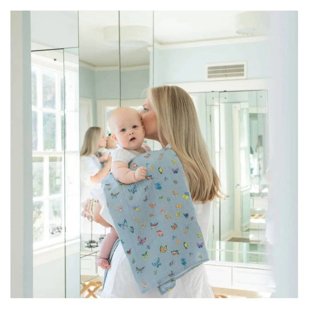 The Baby Blanket Store Crib Blanket 47" x 47" Organic Cotton Muslin Blanket (Shawl) with Butterfly Motif - Blue
