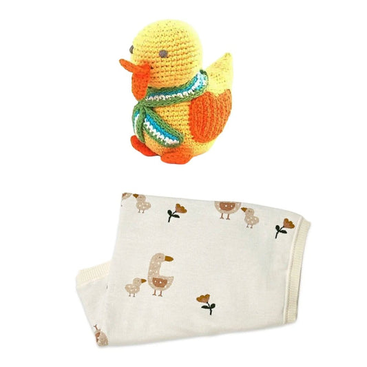 The Baby Blanket Store Bundle Duck Mommy & Me Baby Blanket & Velvety Yellow Duck Bundle with Gentle Rattle | Organic Cotton
