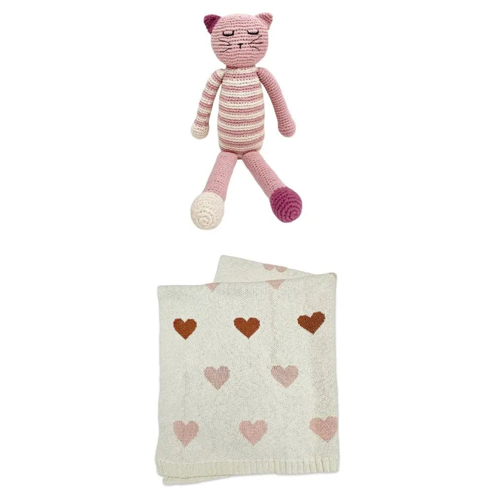 The Baby Blanket Store Bundle Loving Hearts Baby Blanket & Pink Sleeping Kitten Stuffed Animal Bundle | Organic Cotton