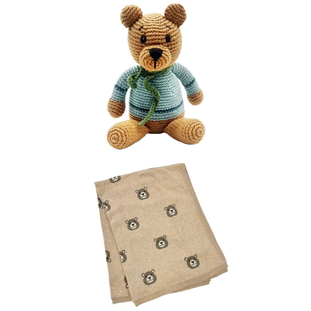 The Baby Blanket Store Bundle Bear Baby Blanket & Duck Blue Teddy Bear Stuffed Animal Bundle | Organic Cotton