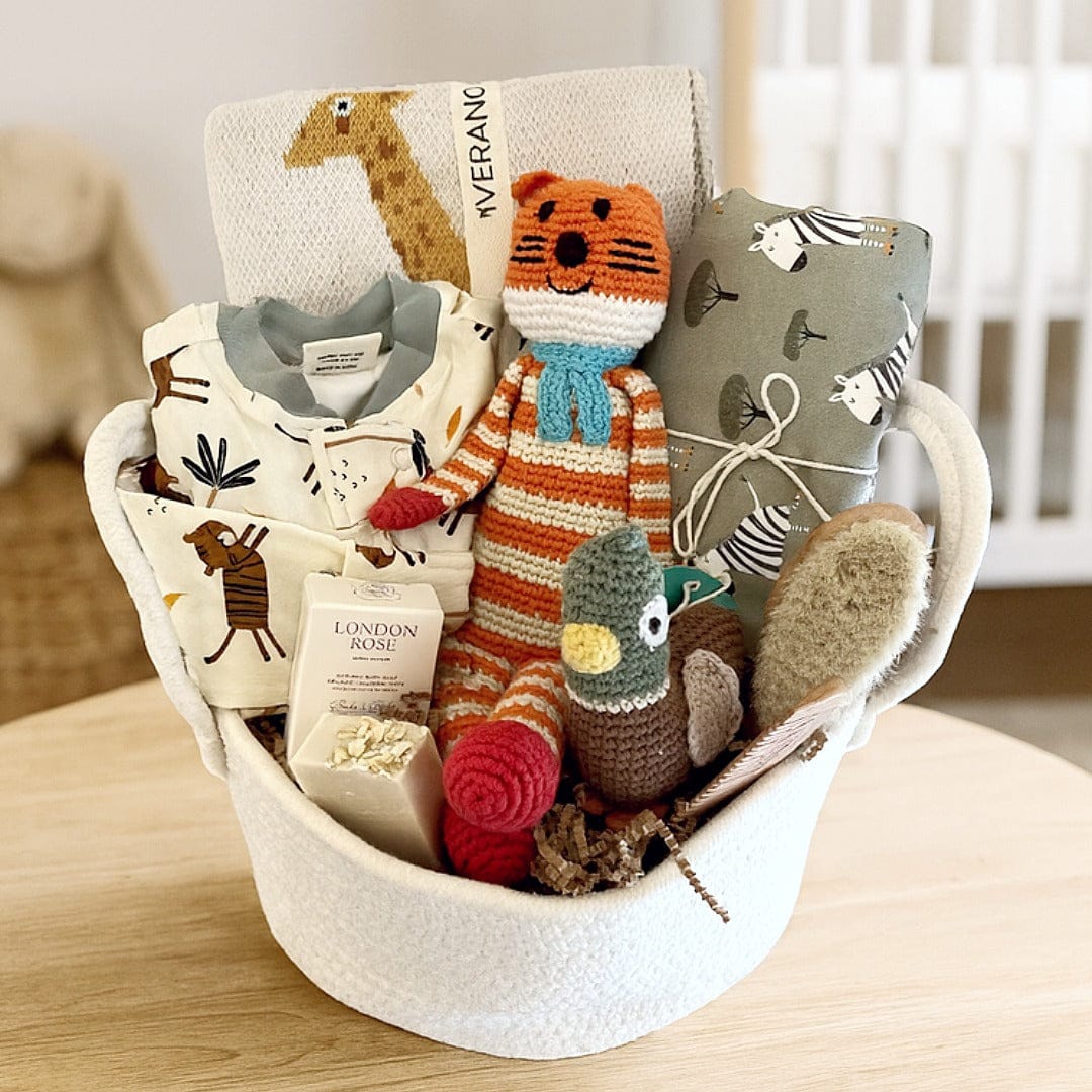 The Baby Blanket Store Gift Basket Organic Baby Gift Basket | 3D Savannah Blanket & Tiger Footies | 7 Piece Set