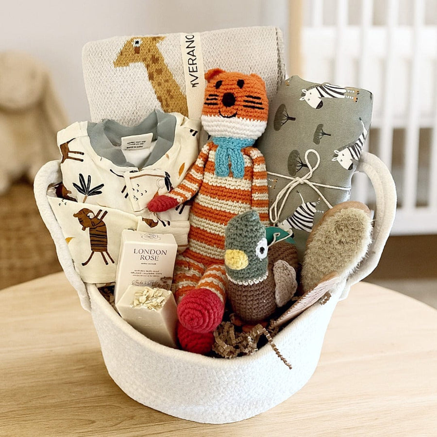The Baby Blanket Store Gift Basket Organic Baby Gift Basket | 3D Savannah Blanket & Tiger Footies | 7 Piece Set