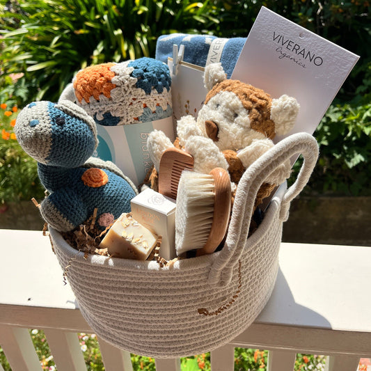 The Baby Blanket Store Gift Basket Organic Baby Gift Basket with Dinosaurs and Monkey | 8-Piece Set