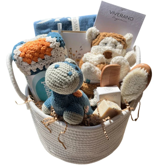 The Baby Blanket Store Gift Basket Organic Baby Gift Basket with Dinosaurs and Monkey | 8-Piece Set