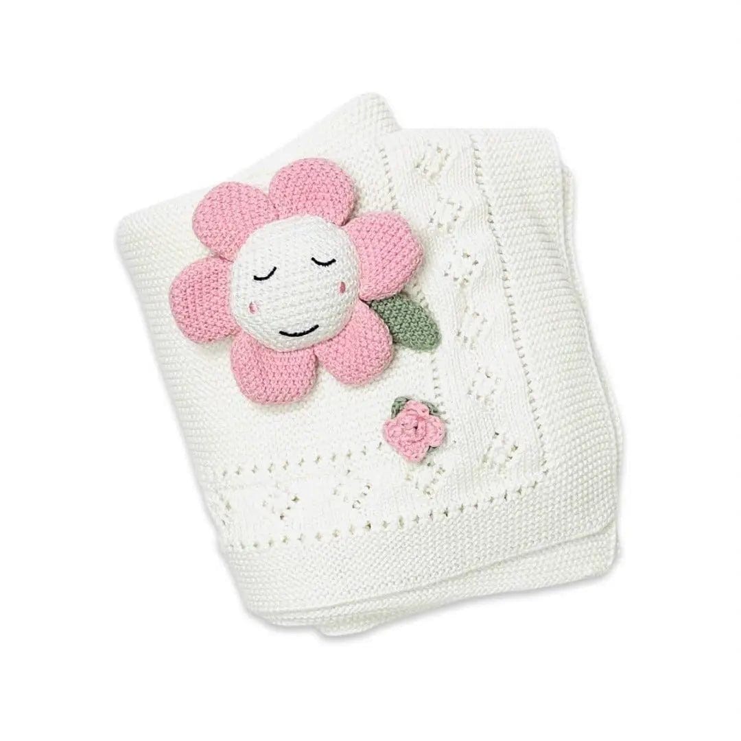 The Baby Blanket Store Crib Blanket 32"x 40" Flower Pointelle Baby Blanket & Flower Rattle | Organic Cotton Knit Gift Set