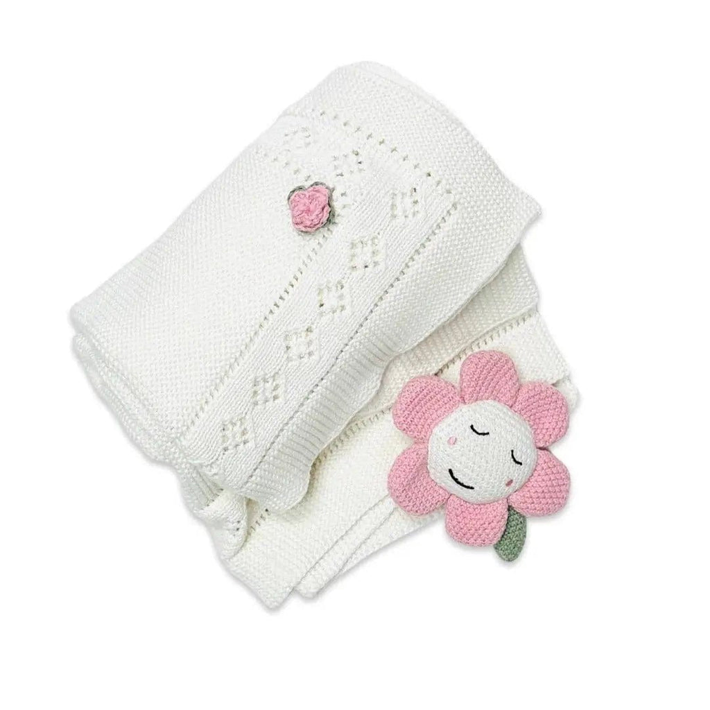 The Baby Blanket Store Crib Blanket 32"x 40" Flower Pointelle Baby Blanket & Flower Rattle | Organic Cotton Knit Gift Set