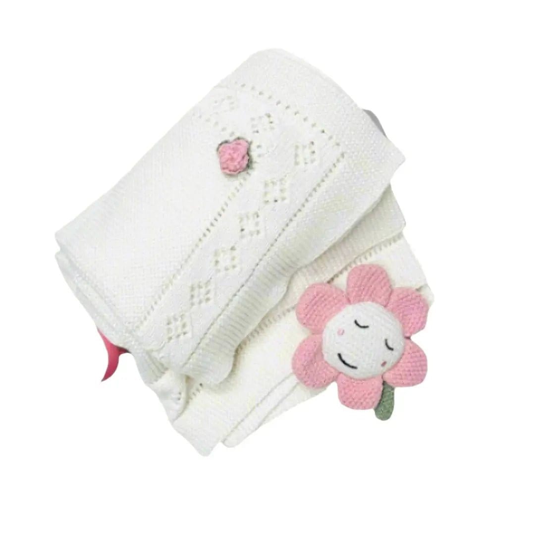 The Baby Blanket Store Crib Blanket 32"x 40" Flower Pointelle Baby Blanket & Flower Rattle | Organic Cotton Knit Gift Set