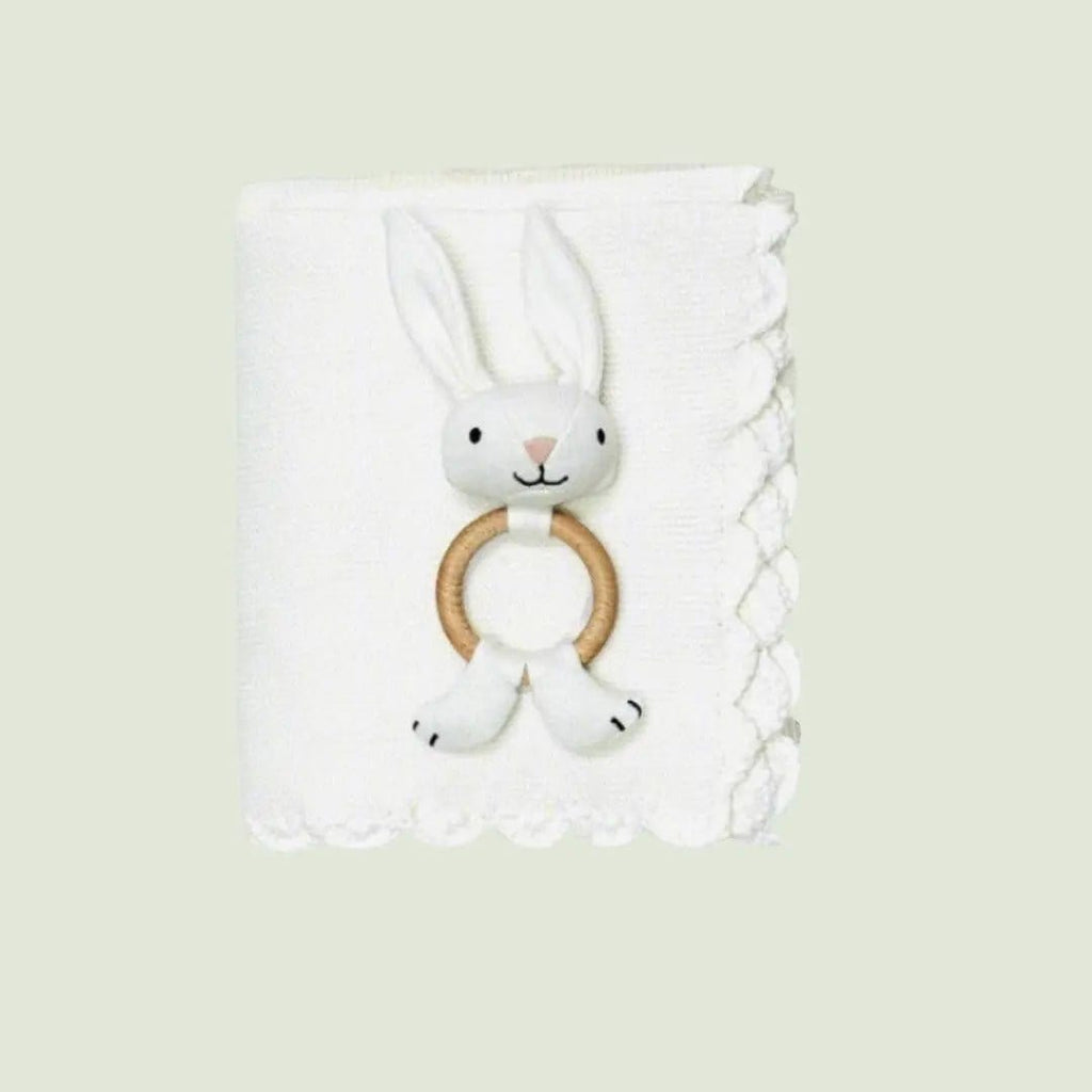 The Baby Blanket Store Crib Blanket 32"x 40" and Bunny Ring Rattle Scallop Edge Classic Baby Blanket & Bunny Rattle | Organic Cotton Knit Gift Set