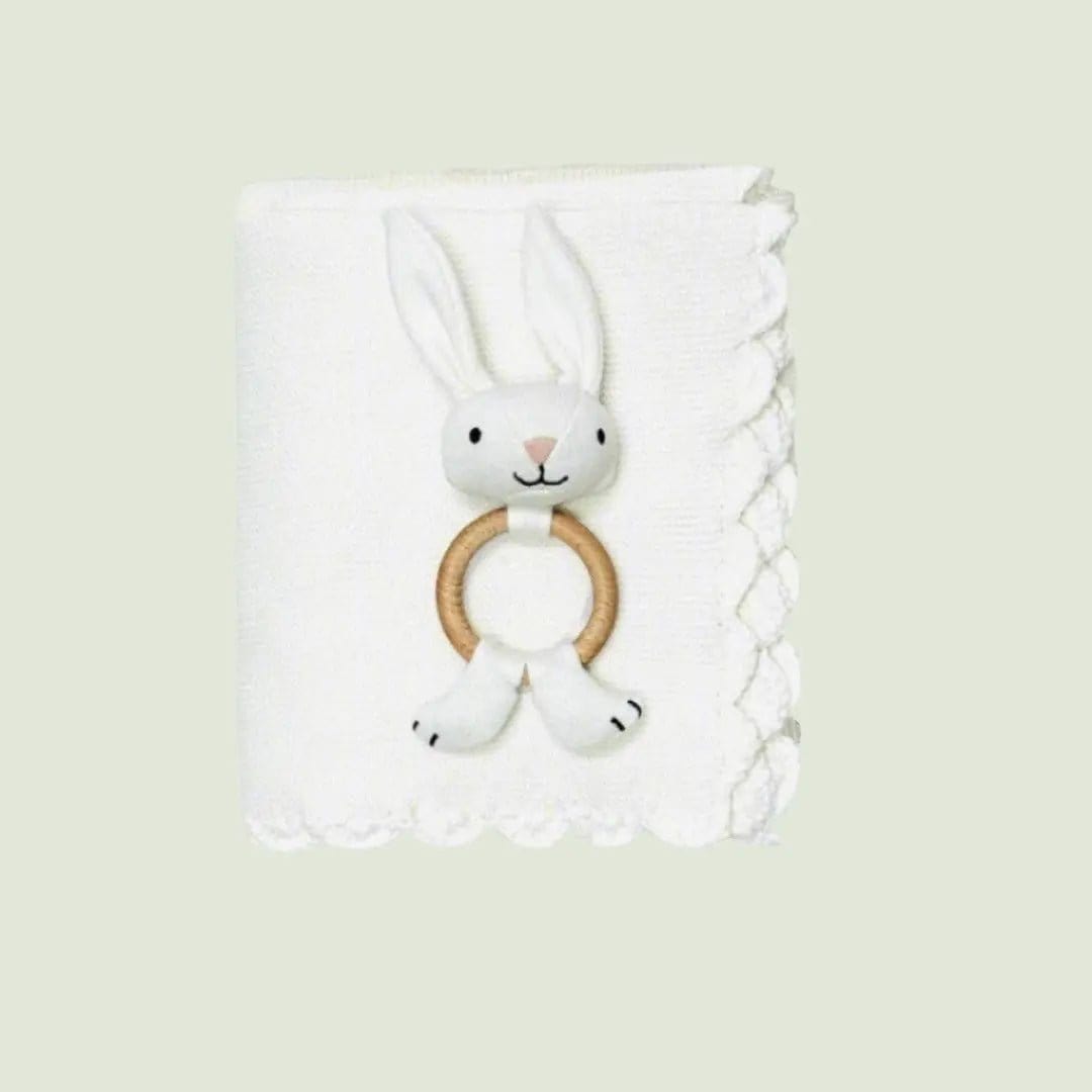 The Baby Blanket Store Crib Blanket 32"x 40" and Bunny Ring Rattle Scallop Edge Classic Baby Blanket & Bunny Rattle | Organic Cotton Knit Gift Set
