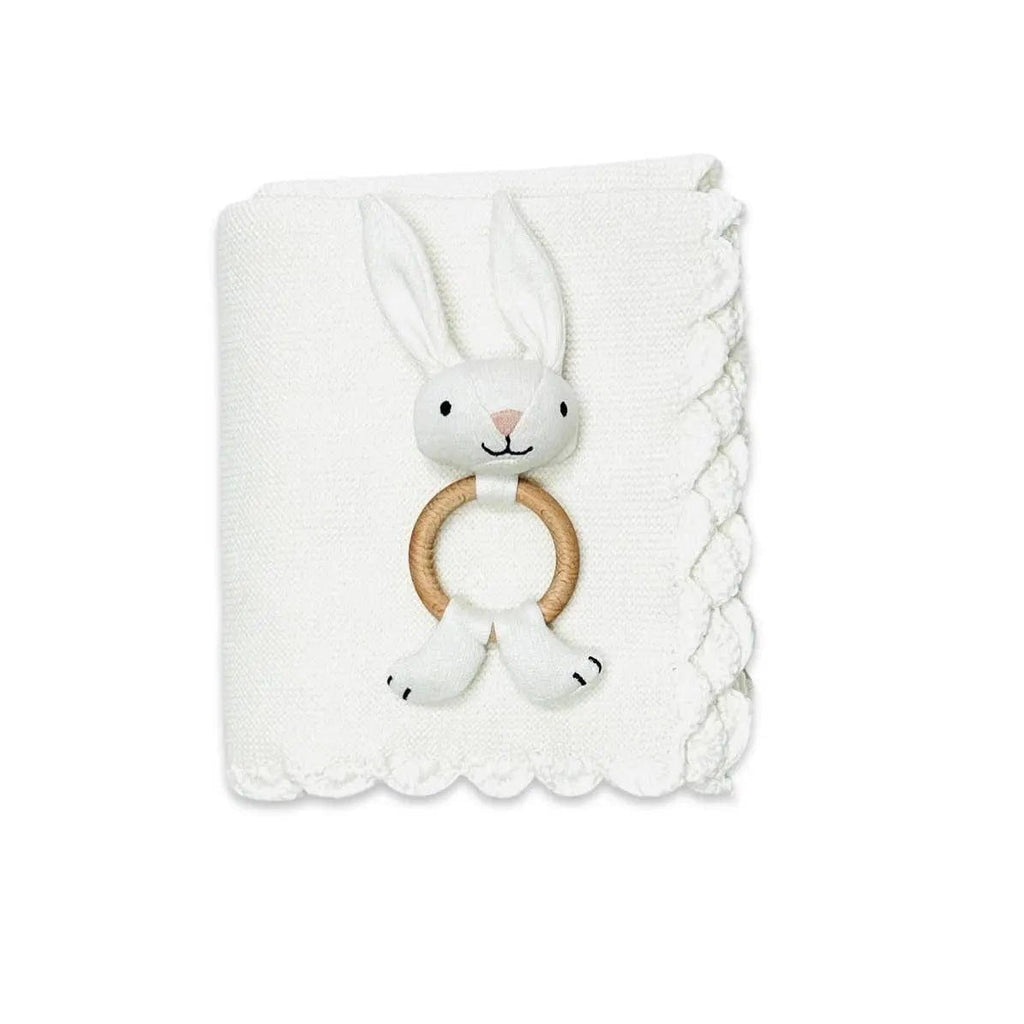 The Baby Blanket Store Crib Blanket 32"x 40" and Bunny Ring Rattle Scallop Edge Classic Baby Blanket & Bunny Rattle | Organic Cotton Knit Gift Set