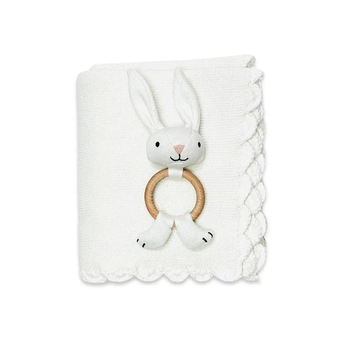 The Baby Blanket Store Crib Blanket 32"x 40" and Bunny Ring Rattle Scallop Edge Classic Baby Blanket & Bunny Rattle | Organic Cotton Knit Gift Set