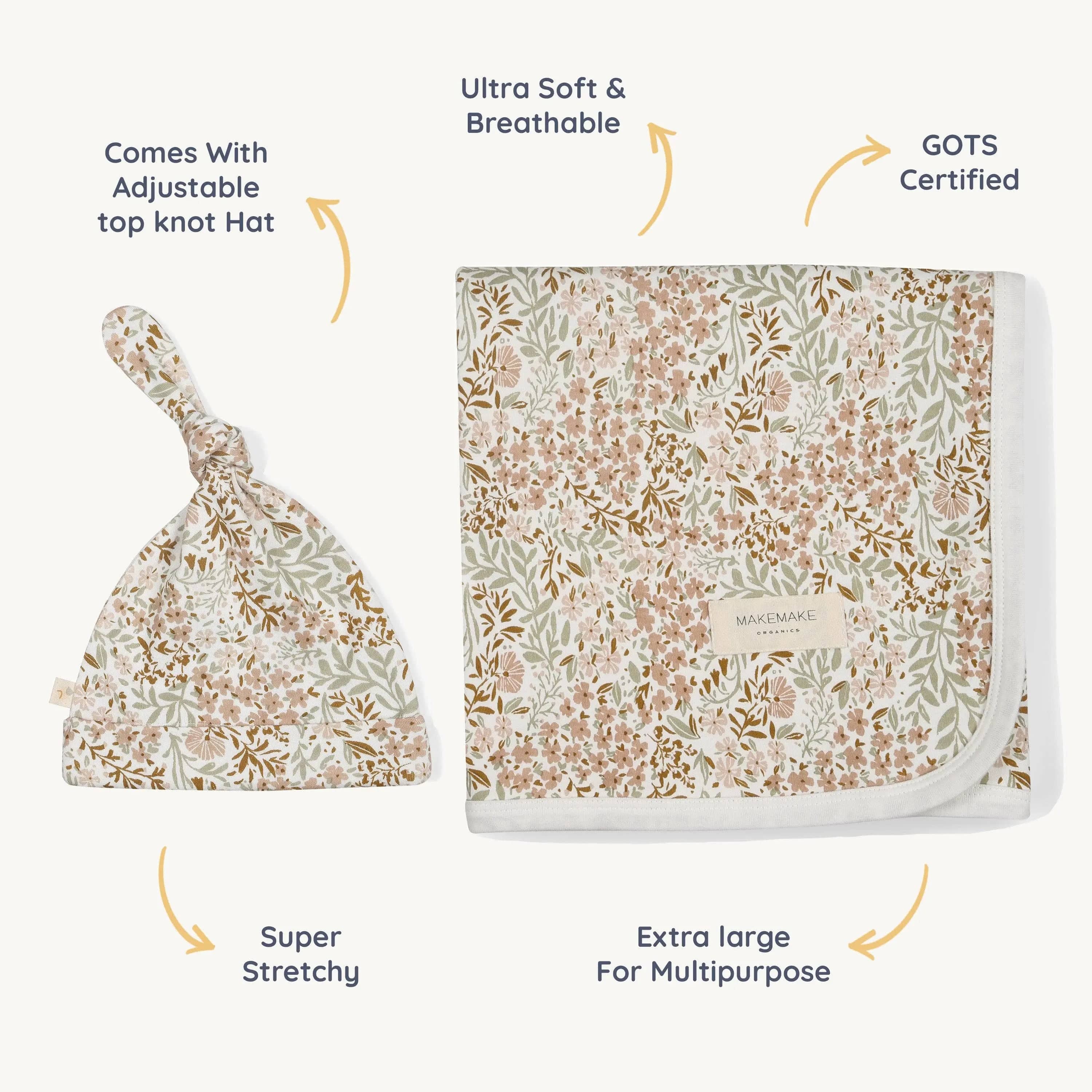 The Baby Blanket Store Swaddle Blanket & Hat 40"X40" Gardenia Swaddle Blanket & Hat | Organic Cotton Butter Soft Gift Set
