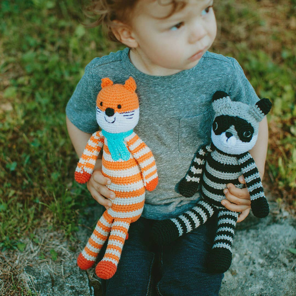 The Baby Blanket Store Stuffed Animal Woodland Raccoon | Handmade Organic Cotton Stuffed Animal with Gentle Rattle