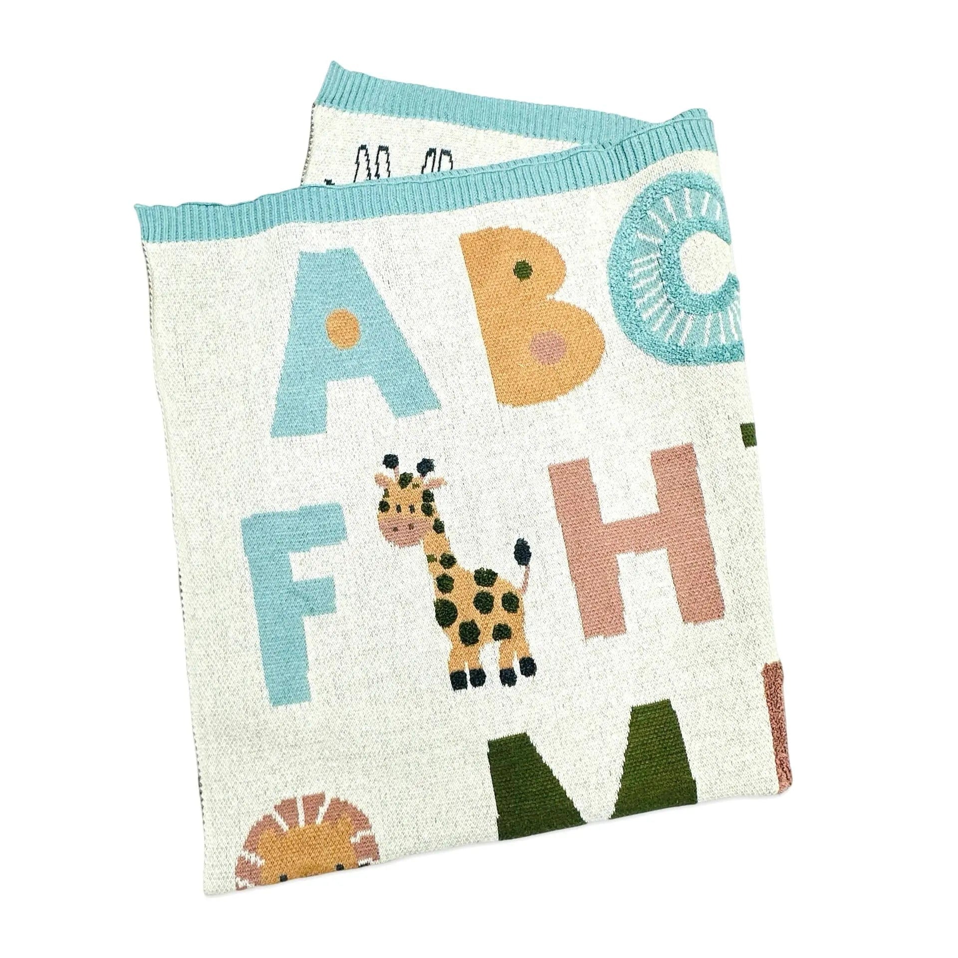 The Baby Blanket Store Crib Blanket 30" x 42" Natural/Blue / One Size Alphabet Blue | Organic Cotton Jacquard Sweater Knit Baby Blanket