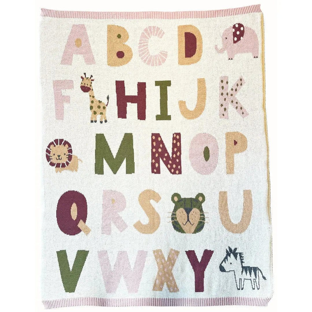 The Baby Blanket Store Crib Blanket 30" x 42" Natural/Pink / One Size Alphabet Pink | Organic  Cotton Jacquard Sweater Knit Baby Blanket