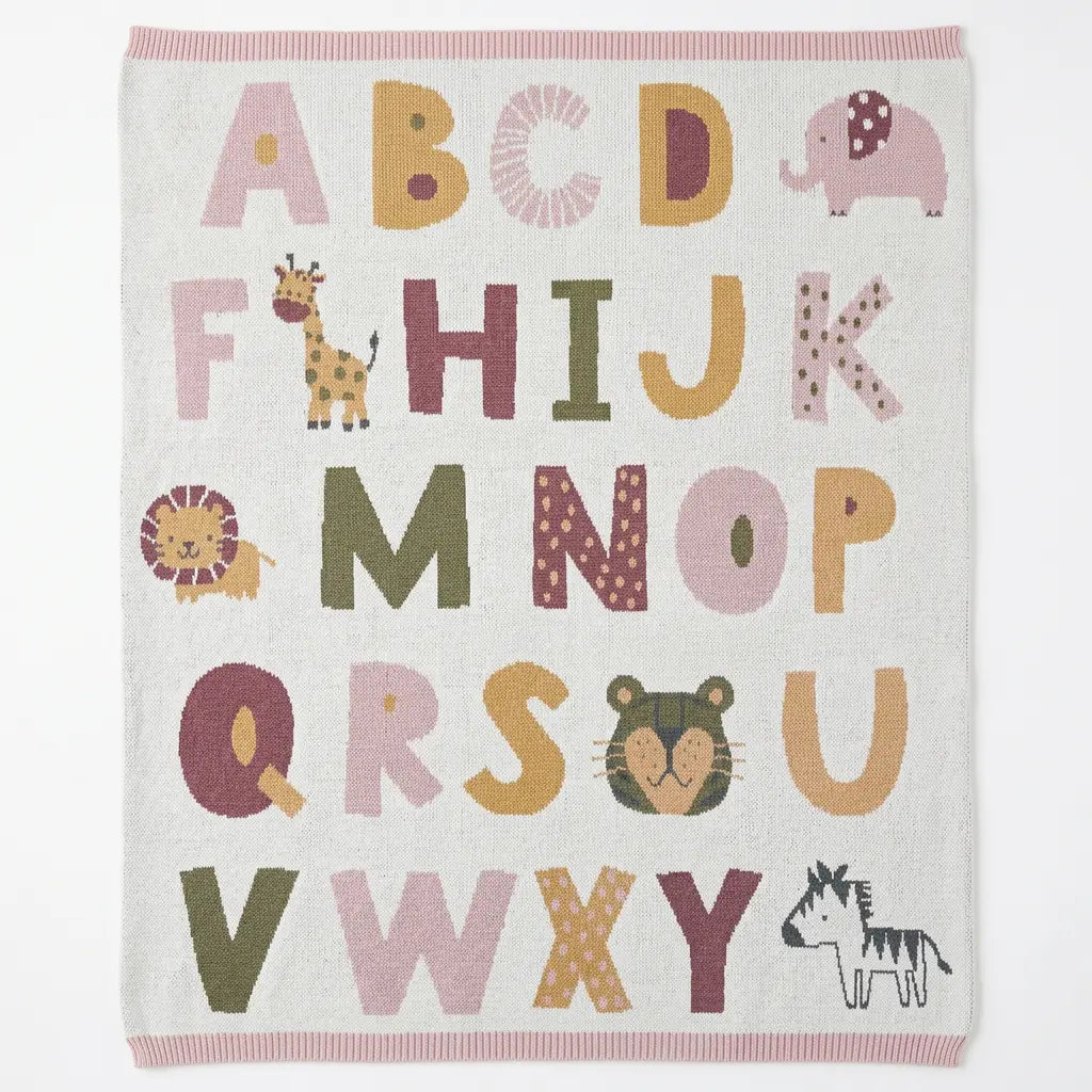 The Baby Blanket Store Crib Blanket 30" x 42" Natural/Pink / One Size Alphabet Pink | Organic  Cotton Jacquard Sweater Knit Baby Blanket