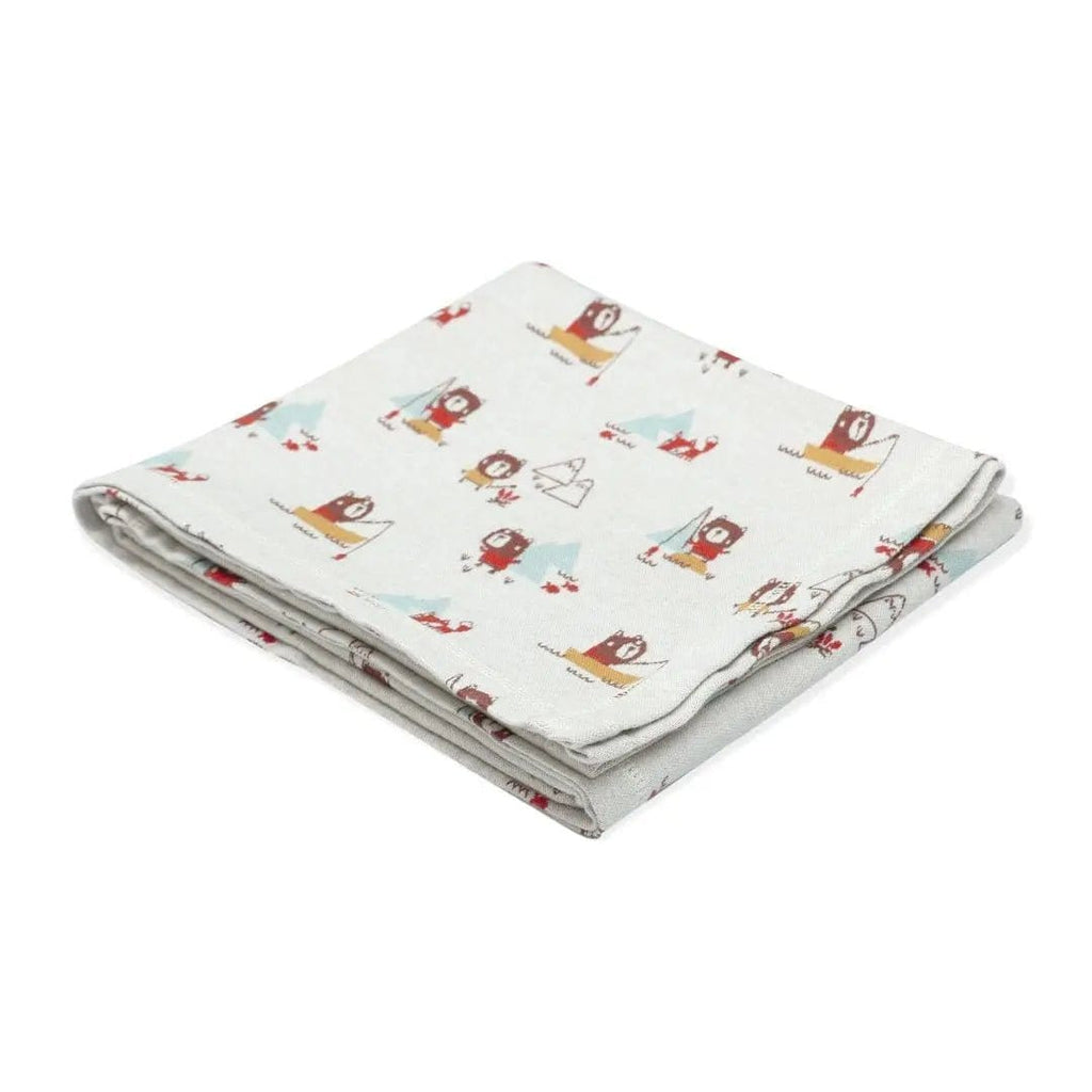 The Baby Blanket Store Crib Blanket 32"x 40" Natural Camping Bear & Fox | Organic Cotton Jacquard Knit Baby Blanket