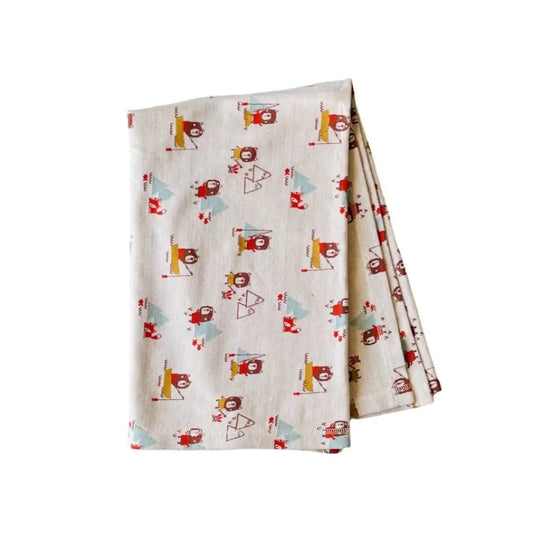The Baby Blanket Store Crib Blanket 32"x 40" Natural Camping Bear & Fox | Organic Cotton Jacquard Knit Baby Blanket