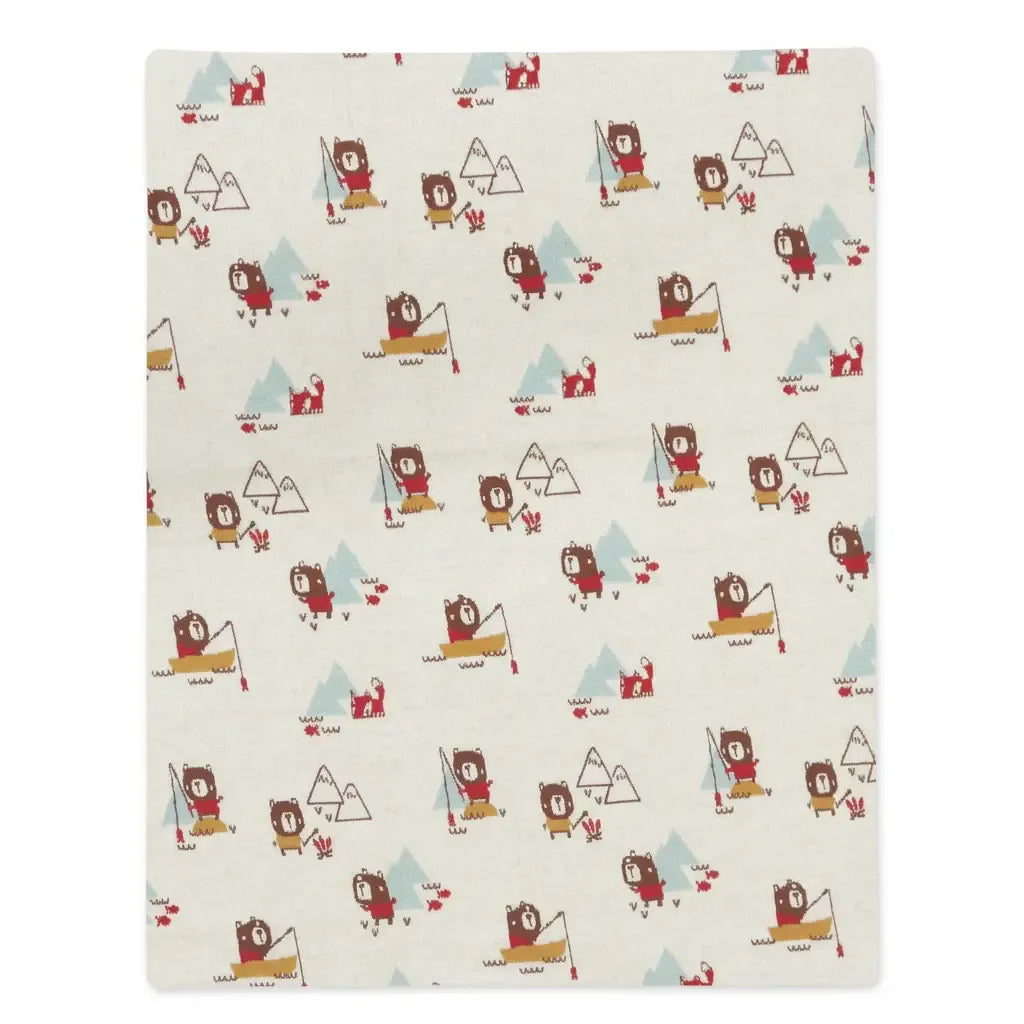 The Baby Blanket Store Crib Blanket 32"x 40" Natural Camping Bear & Fox | Organic Cotton Jacquard Knit Baby Blanket