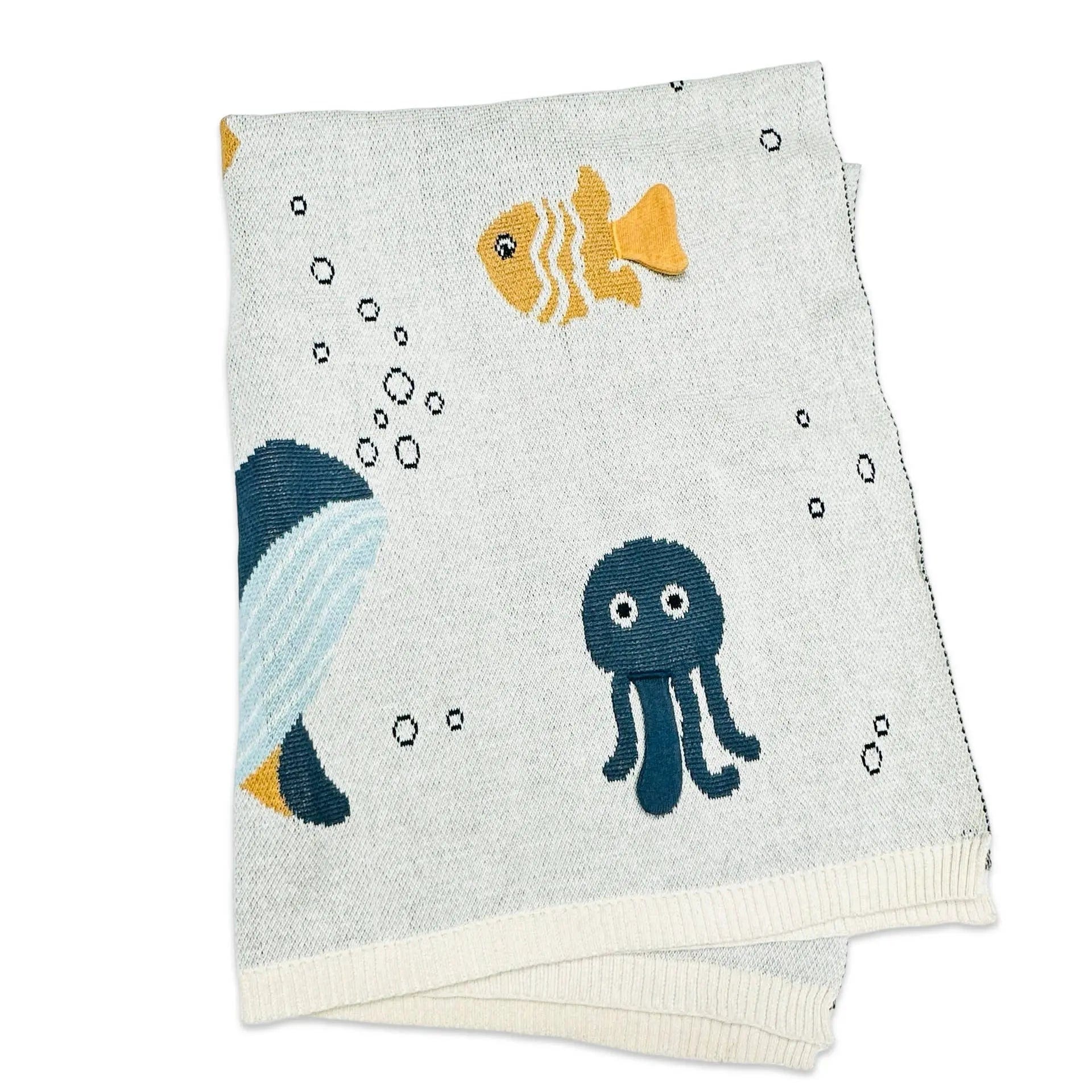The Baby Blanket Store Crib Blanket 30" x 42" Natural / One Size Ocean Life 3D | Organic Cotton Jacquard Sweater Knit Baby Blanket