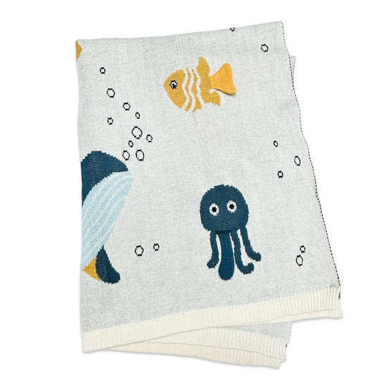 The Baby Blanket Store Crib Blanket 30" x 42" Natural / One Size Ocean Life 3D | Organic Cotton Jacquard Sweater Knit Baby Blanket