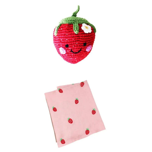 The Baby Blanket Store Crib Blanket 30" x 42" Strawberry 3D Baby Blanket & Strawberry Stuffed Toy with Gentle Rattle Bundle | Organic Cotton