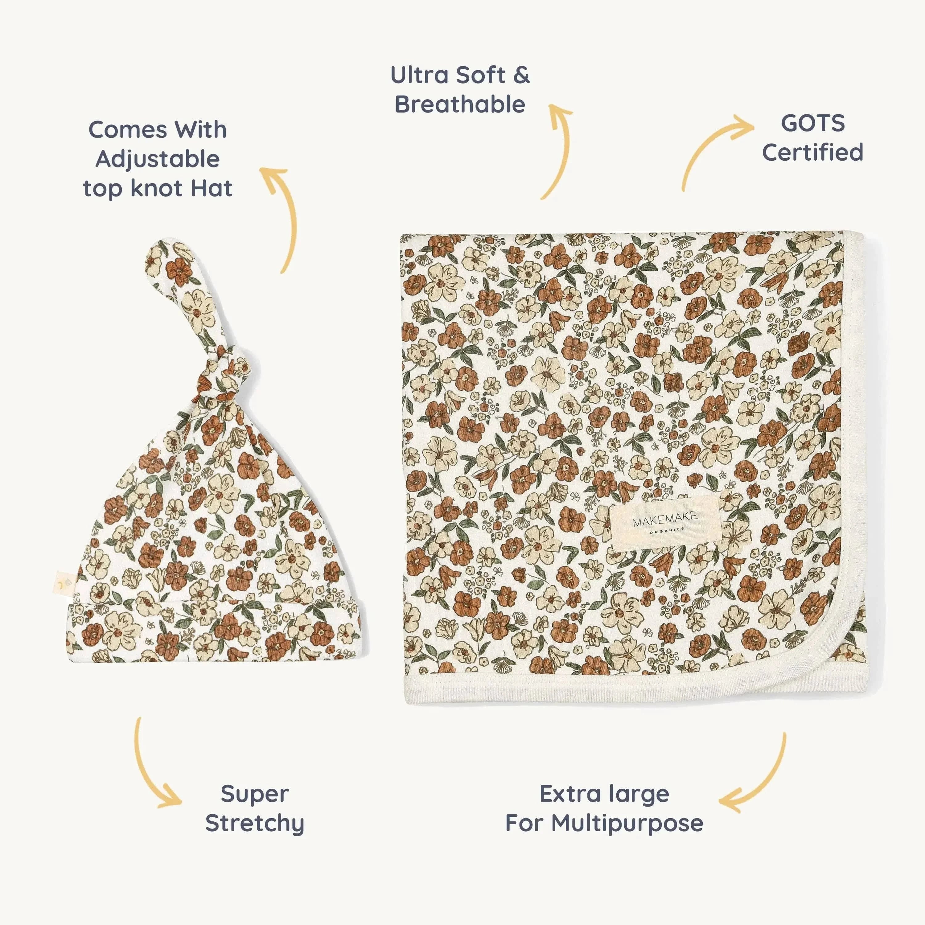 The Baby Blanket Store Bundle Daffodil Swaddle Blanket, Hat & Lamb Plush Bundle | Organic Cotton