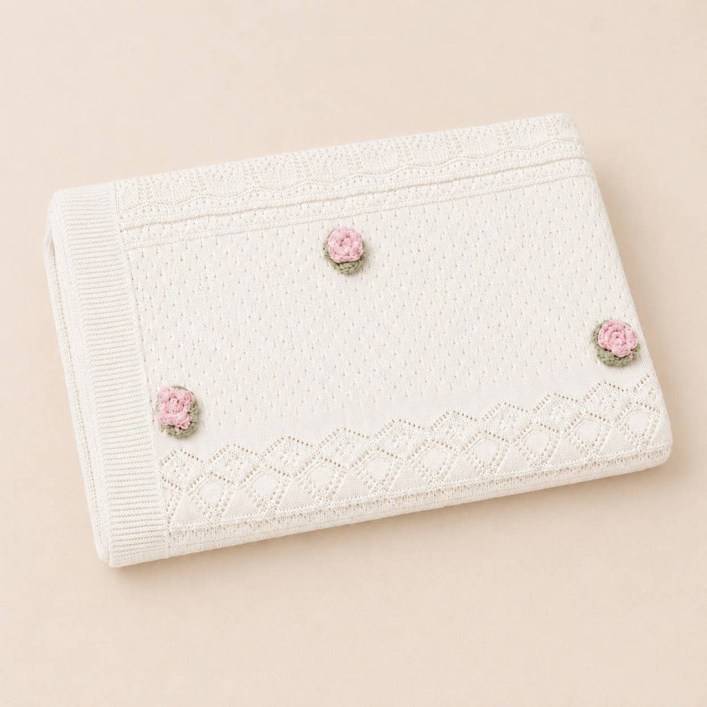Viverano Organics Dove White / One Size Pink Rose Pointelle Knit Baby Blanket, Bonnet & Booties Set