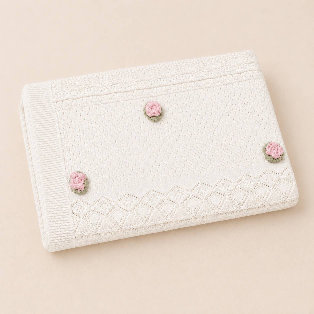 Viverano Organics Dove White / One Size Pink Rose Pointelle Knit Baby Blanket, Bonnet & Booties Set