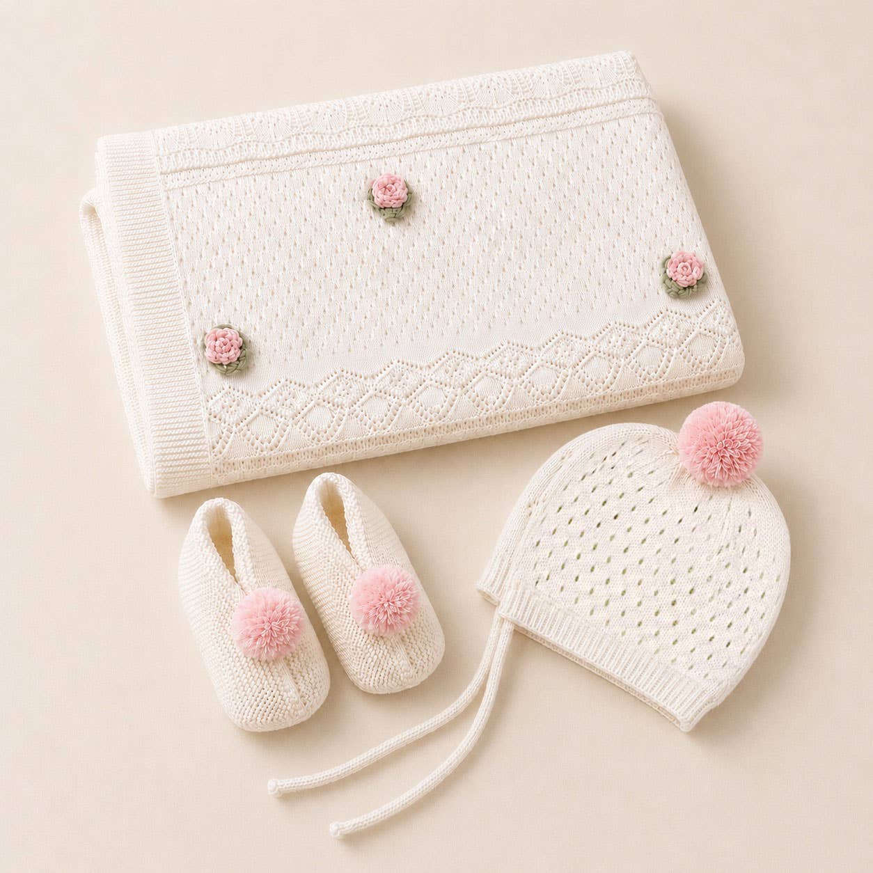 Viverano Organics Dove White / One Size Pink Rose Pointelle Knit Baby Blanket, Bonnet & Booties Set