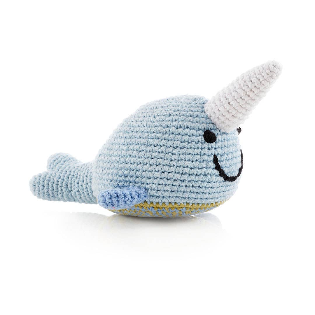 Pebble Playful Narwhal Baby Rattle – Handmade Organic Cotton Toy