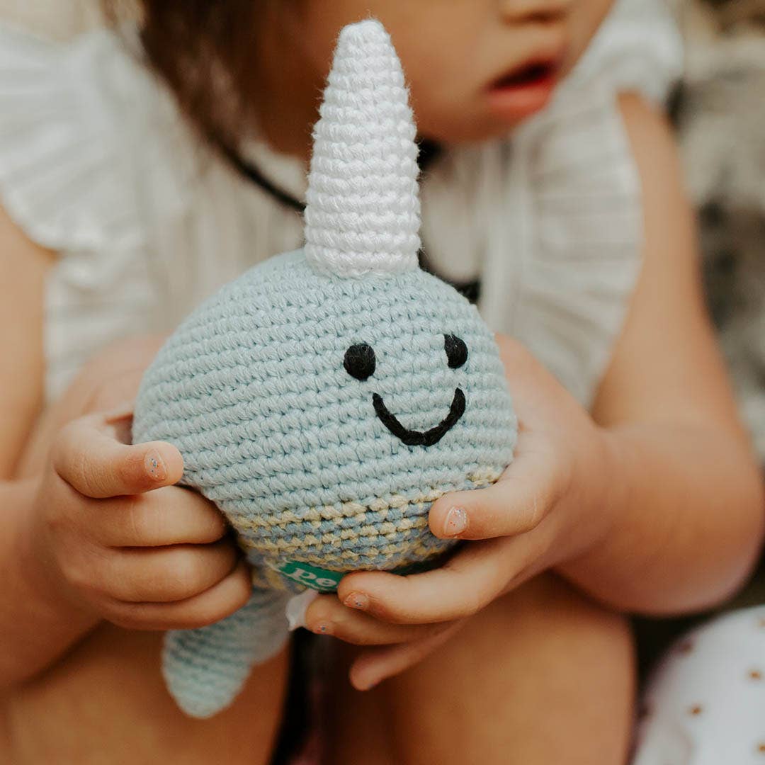 Pebble Playful Narwhal Baby Rattle – Handmade Organic Cotton Toy