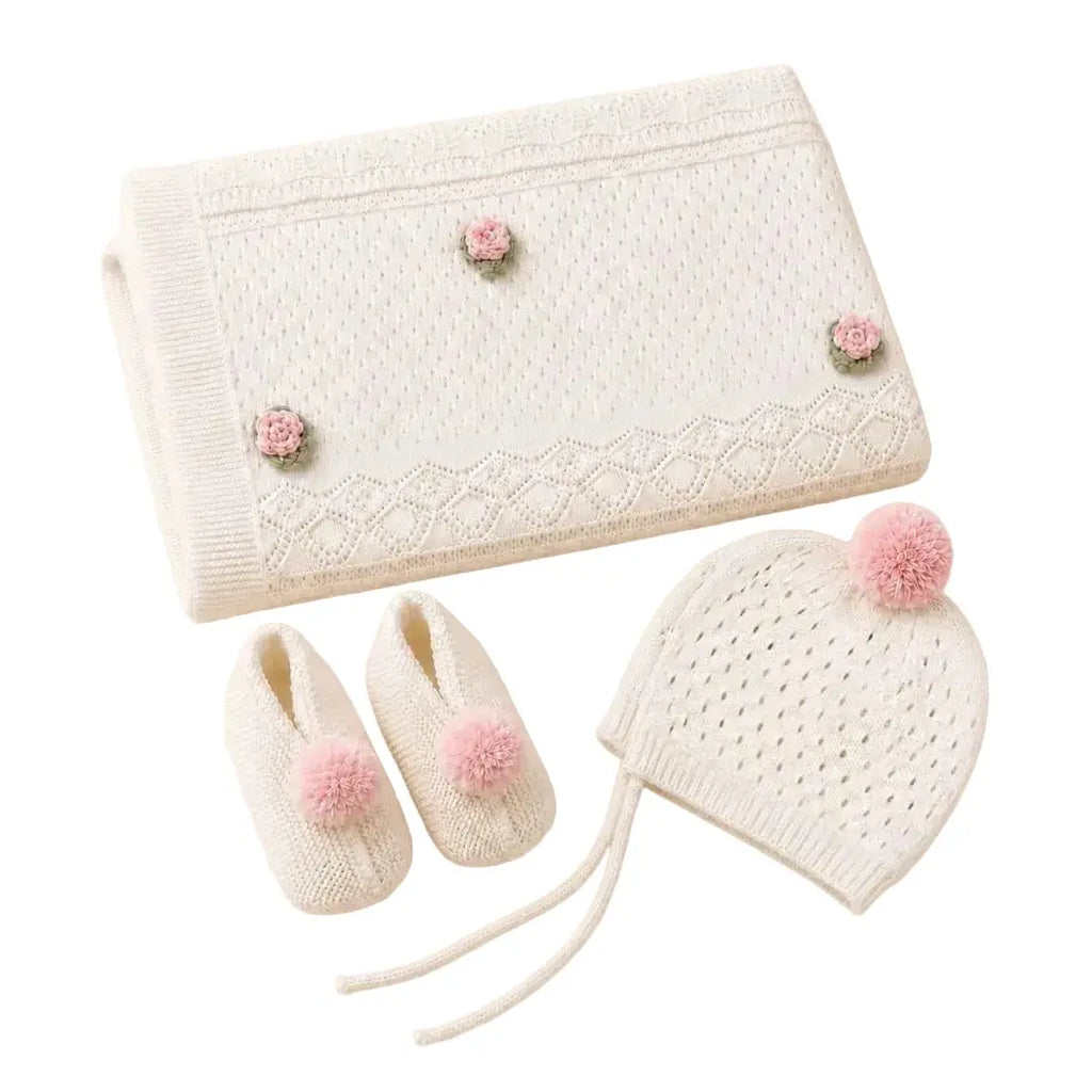 The Baby Blanket Store Crib Blanket 32"x 40" Dove White / One Size Preorder | Pink Rose Pointelle Knit Baby Blanket, Bonnet & Booties Set