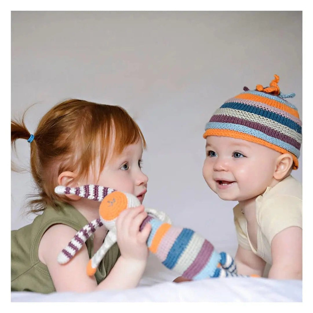 The Baby Blanket Store Stuffed Animal Striped Bunny | Handmade Organic Cotton Stuffed Animal with Gentle Rattle