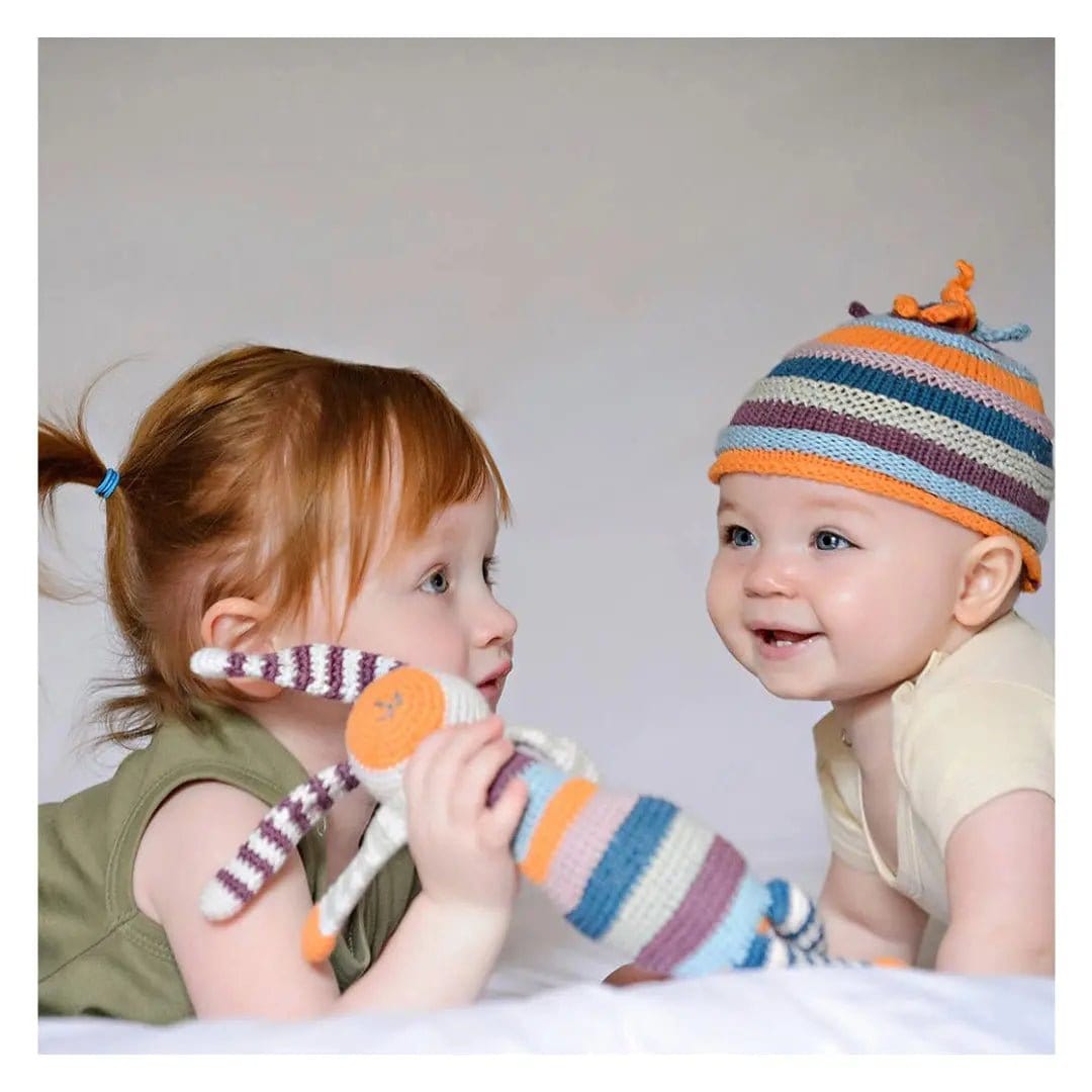 The Baby Blanket Store Stuffed Animal Striped Bunny | Handmade Organic Cotton Stuffed Animal with Gentle Rattle