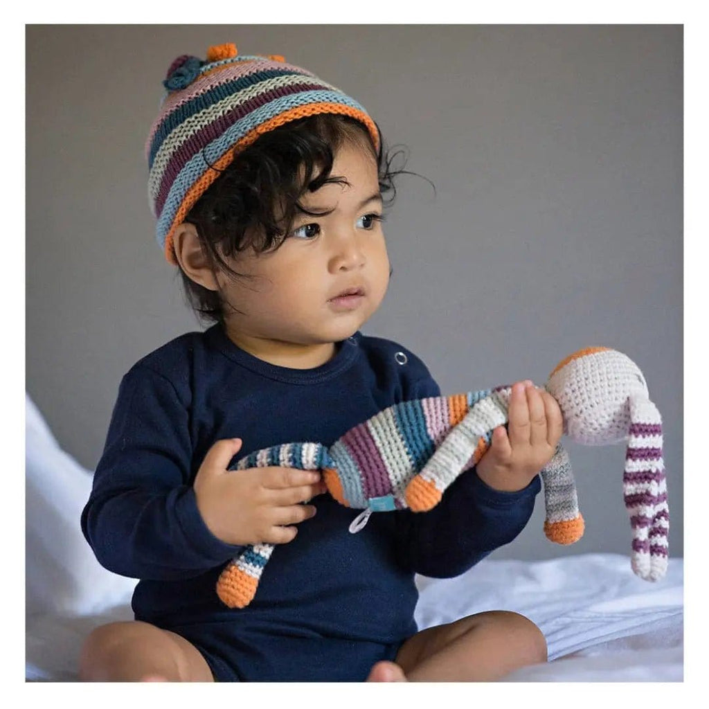 The Baby Blanket Store Stuffed Animal Striped Bunny | Handmade Organic Cotton Stuffed Animal with Gentle Rattle