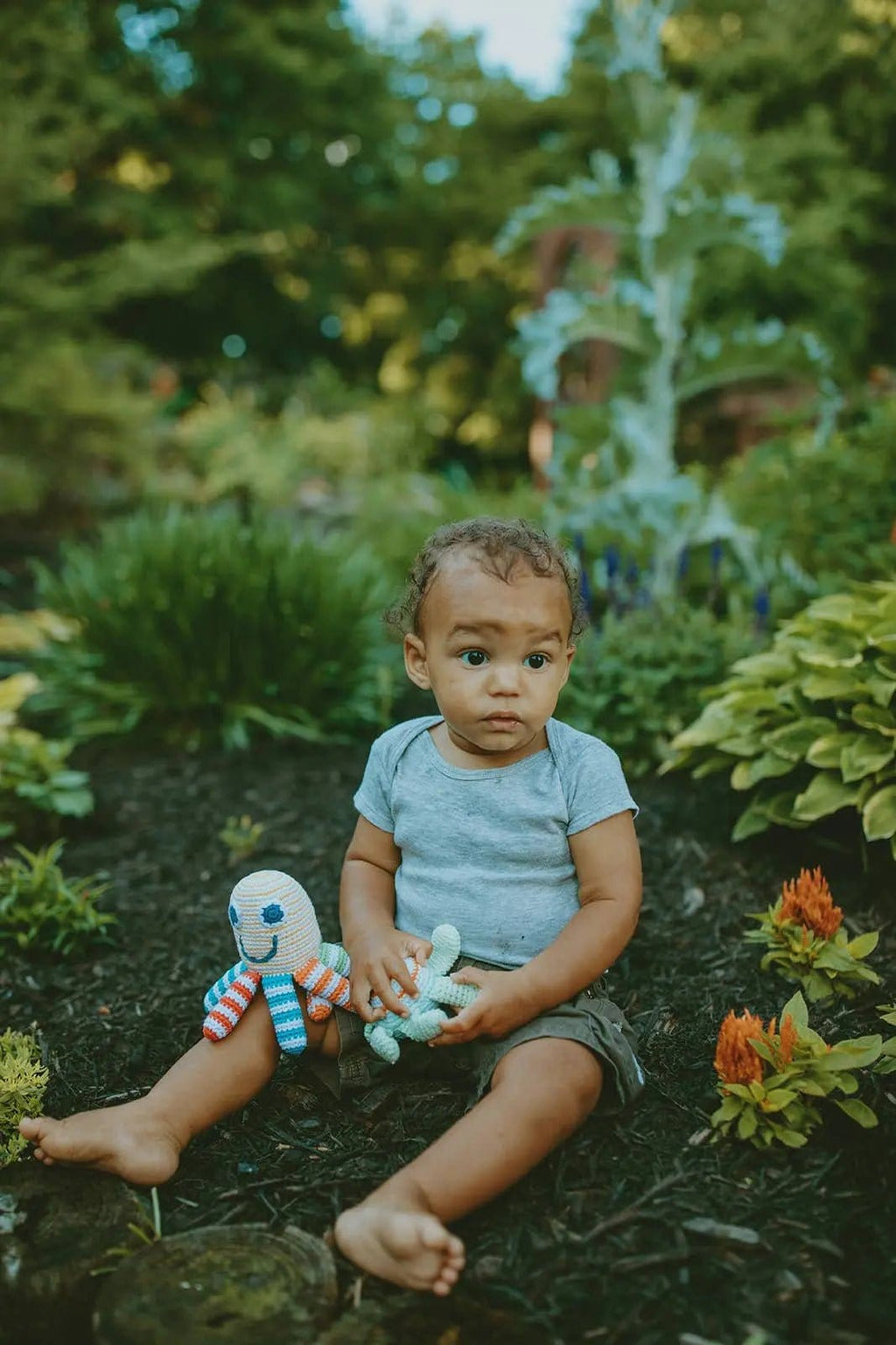 The Baby Blanket Store Stuffed Animal Happy Octopus | Handmade Organic Cotton Stuffed Animal with Gentle Rattle