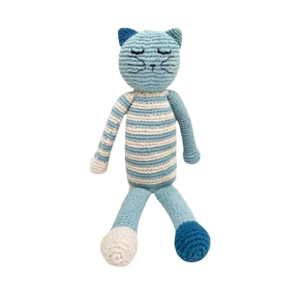 The Baby Blanket Store Stuffed Animal Blue Sleeping Kitten | Handmade Organic Cotton Stuffed Animal with Gentle Rattle
