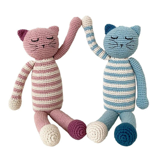 The Baby Blanket Store Stuffed Animal Blue Sleeping Kitten | Handmade Organic Cotton Stuffed Animal with Gentle Rattle
