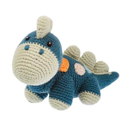 The Baby Blanket Store Stuffed Animal Stegosaurus Dino Blue | Handmade Organic Cotton Stuffed Animal with Gentle Rattle