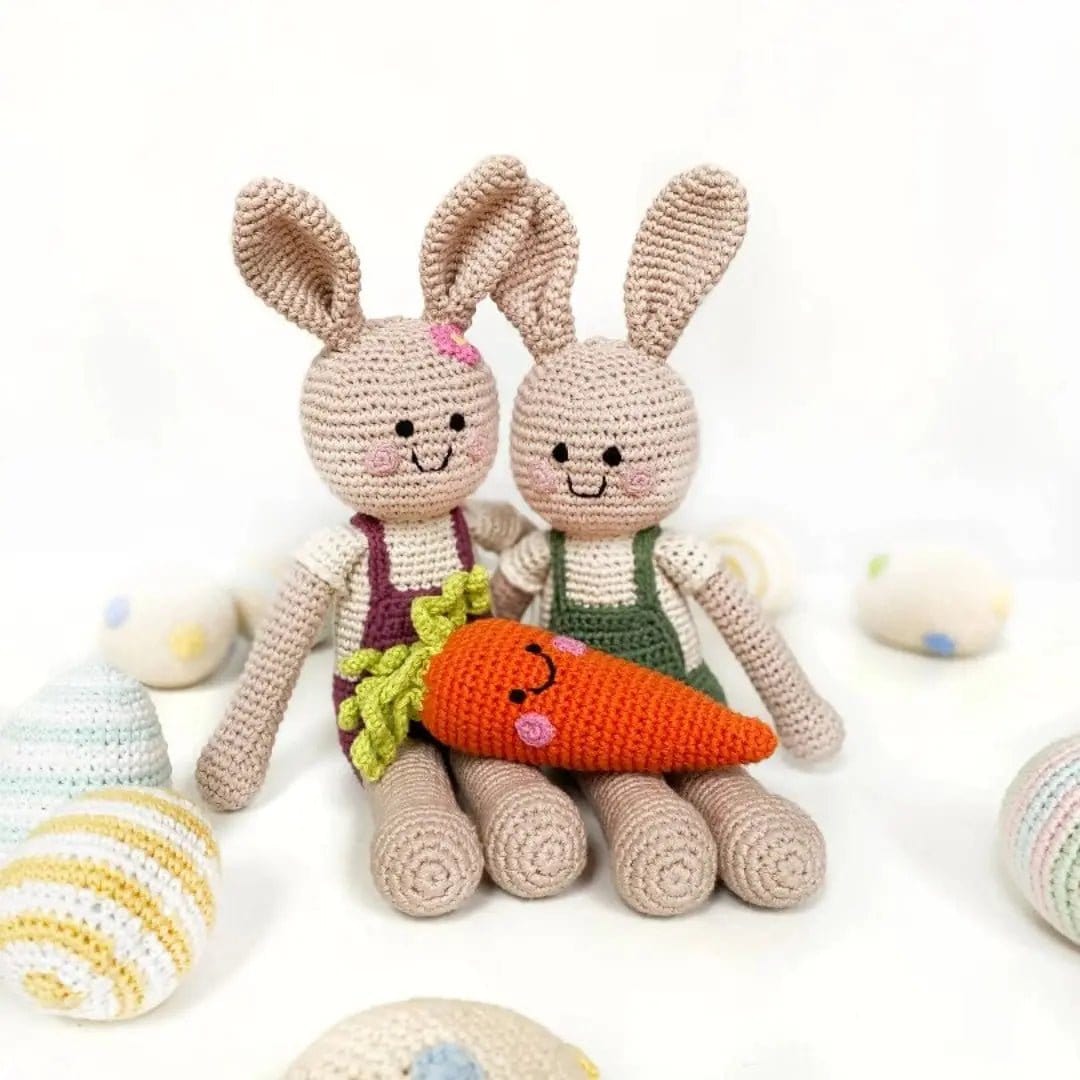 The Baby Blanket Store Stuffed Animal Pink & Green Bunnies | Handmade Organic Cotton Stuffed Animal with Gentle Rattle