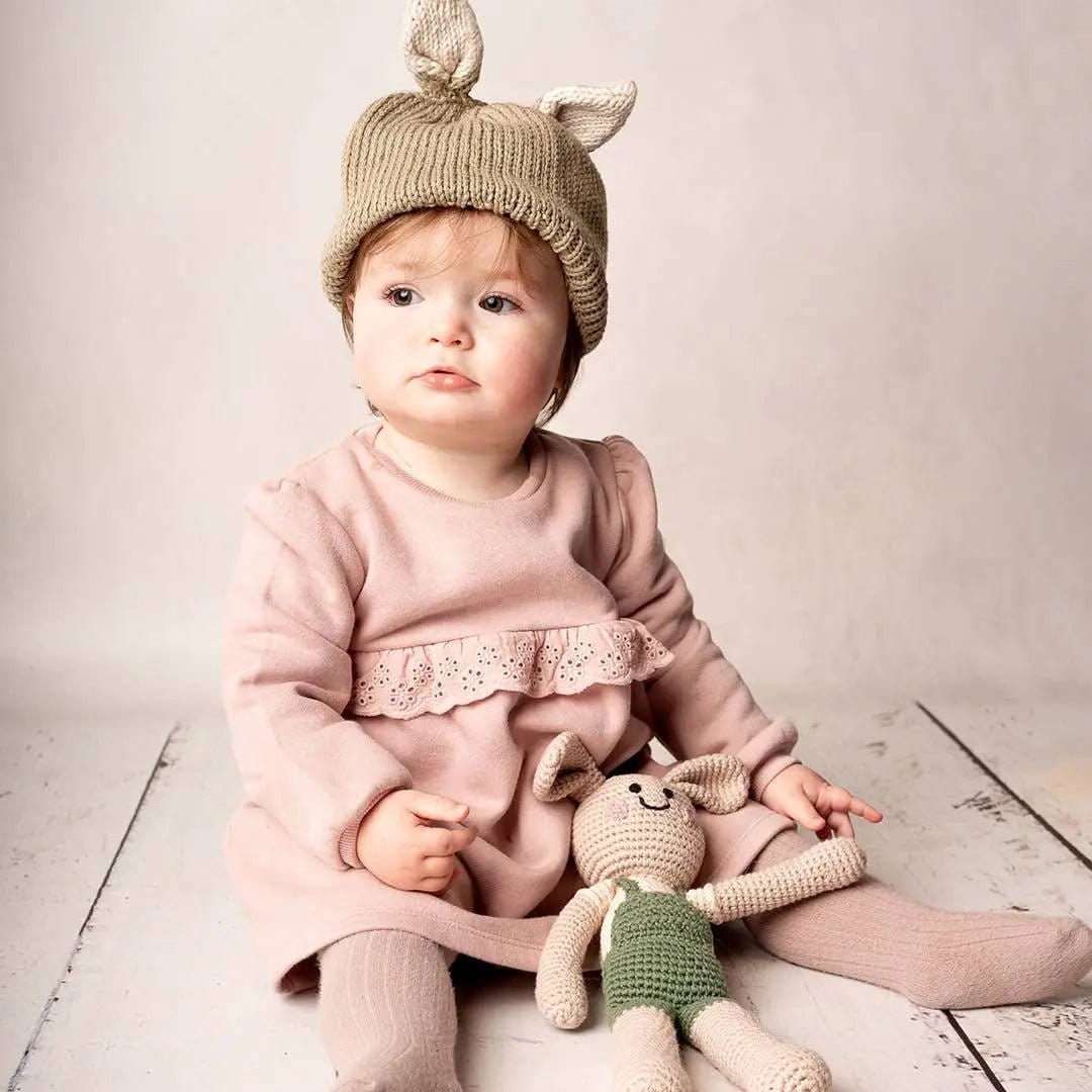 The Baby Blanket Store Stuffed Animal Pink & Green Bunnies | Handmade Organic Cotton Stuffed Animal with Gentle Rattle