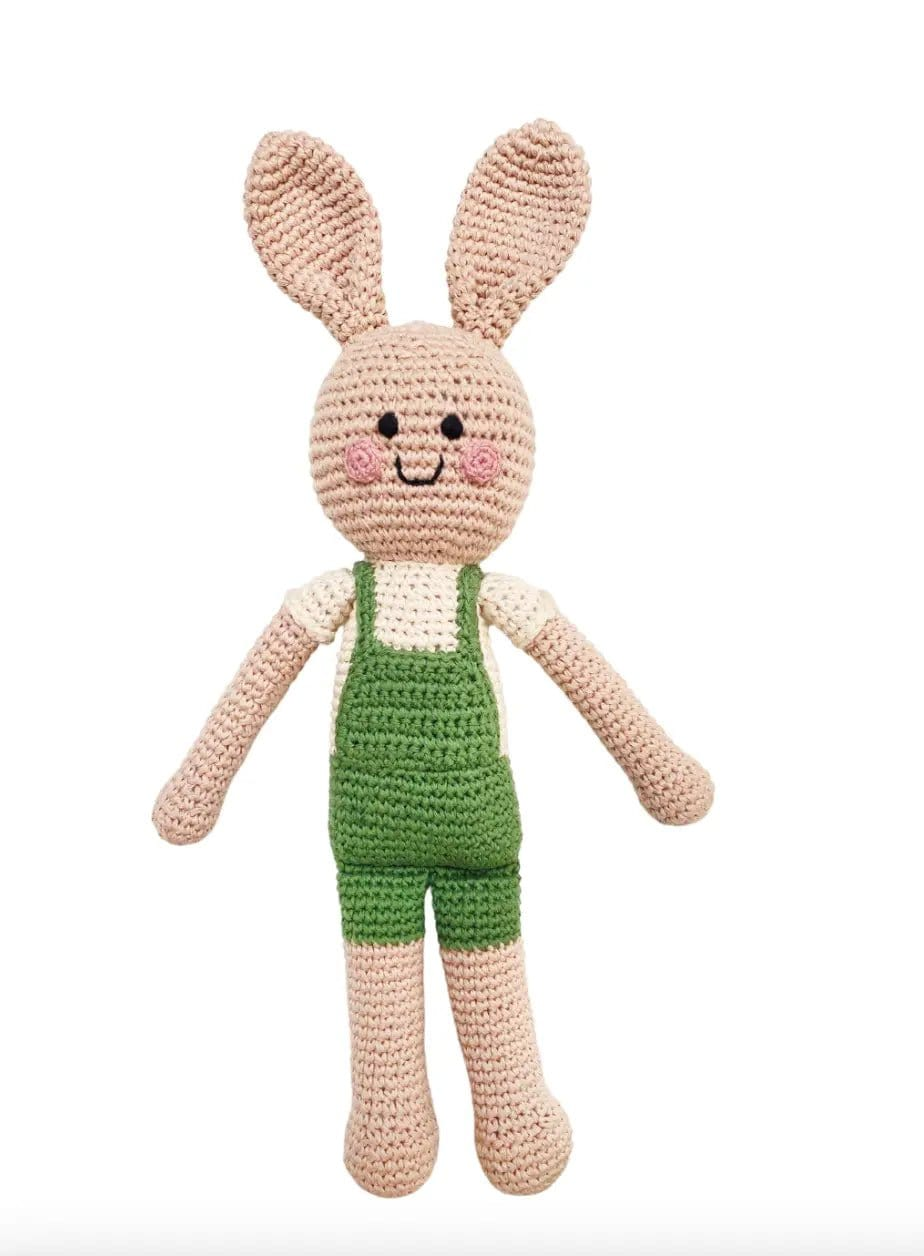The Baby Blanket Store Stuffed Animal Green Pink & Green Bunnies | Handmade Organic Cotton Stuffed Animal with Gentle Rattle