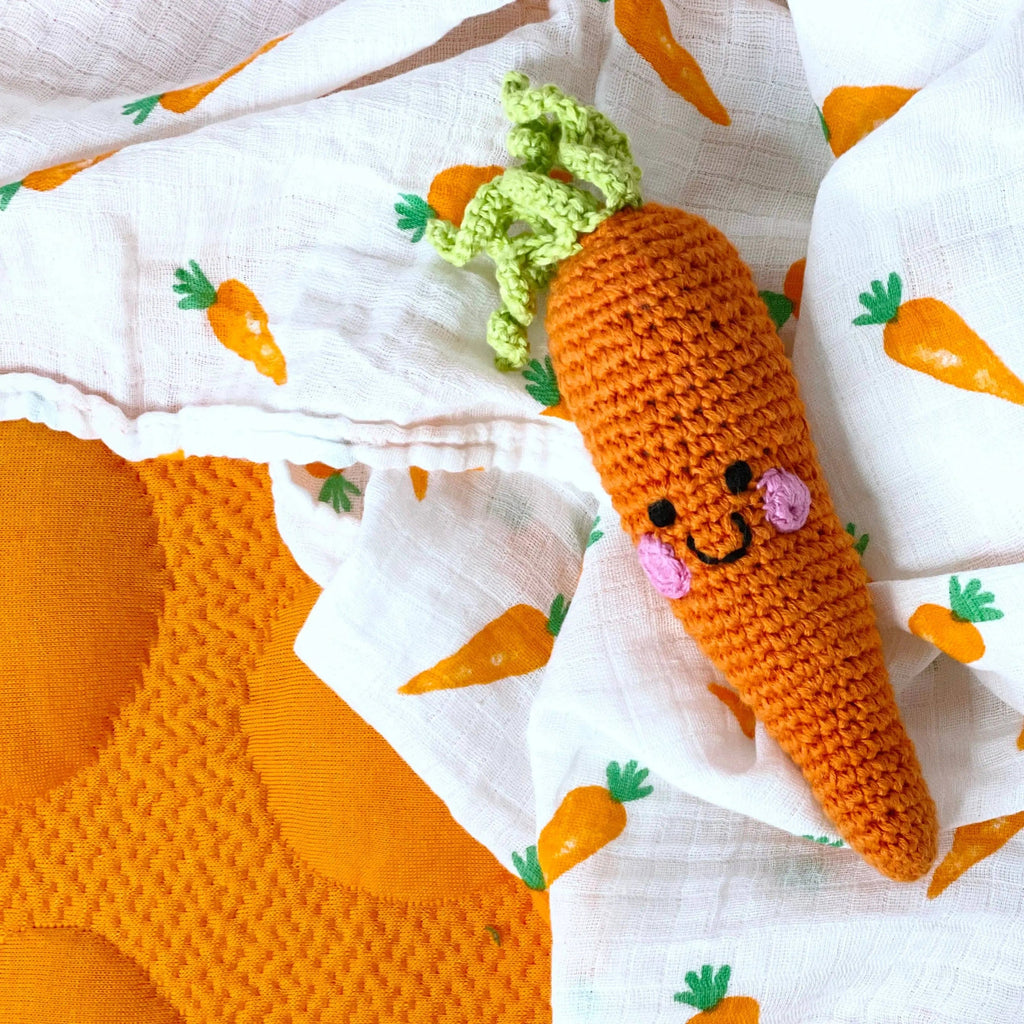 The Baby Blanket Store Stuffed Animal Carrot | Handmade Organic Cotton Stuffed Toy with Gentle Rattle