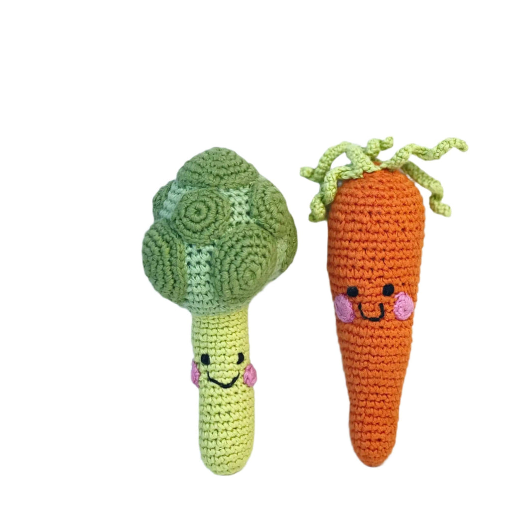 The Baby Blanket Store Bundle Broccoli & Carrot Duo | Handmade Organic Cotton Stuffed Toys with Gentle Rattles